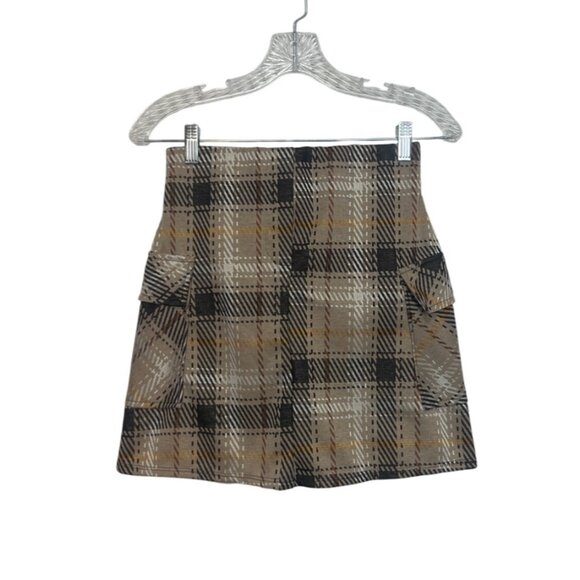 NY Invasion Plaid Mini Skirt Womens Small Brown New WOT Side Pockets - Picture 1 of 8